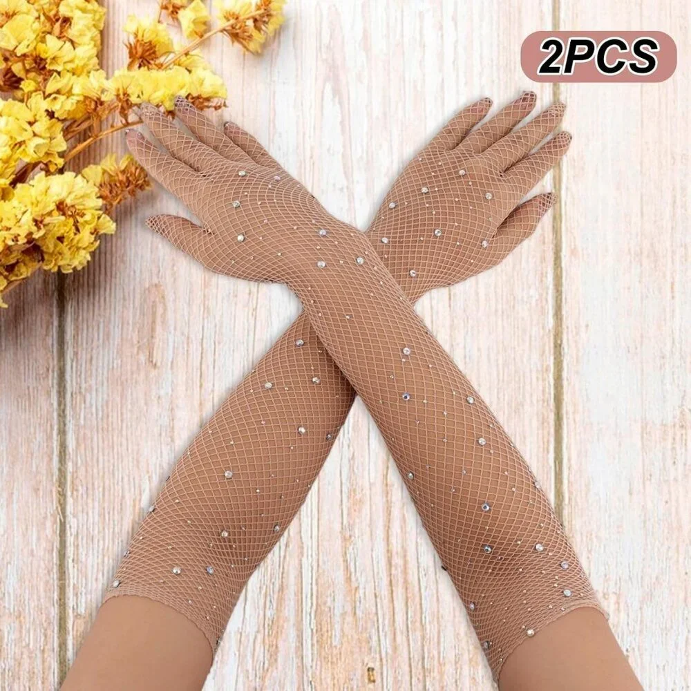 Women's Tan Evening Rhinestone Long Sleeves Arm Elbow Length Party Gloves